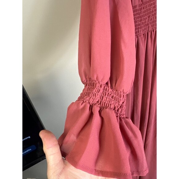 shein maxi dress deep vneck shirred smocked empire waist ruffled cuffs flowing m - Picture 4 of 8